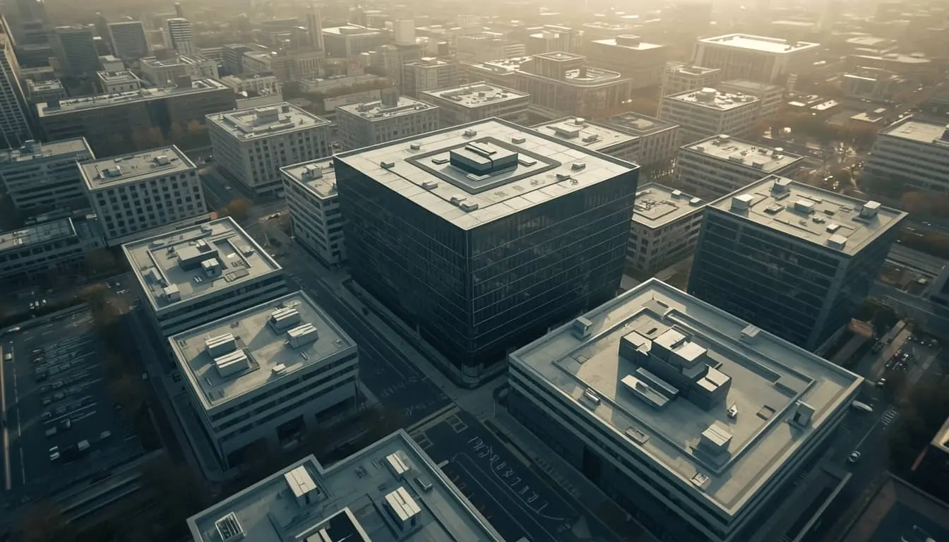 Grabación aérea con dron profesional mostrando instalaciones corporativas para brand film