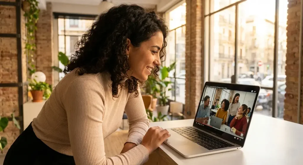 Joven profesional Gen Z viendo video de employer branding en laptop, mostrando interés y engagement