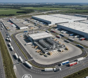 Vista aérea con dron de centro logístico industrial mostrando su magnitud