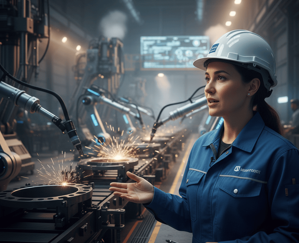 Ingeniero explicando maquinaria en entrevista documental para empresa industrial