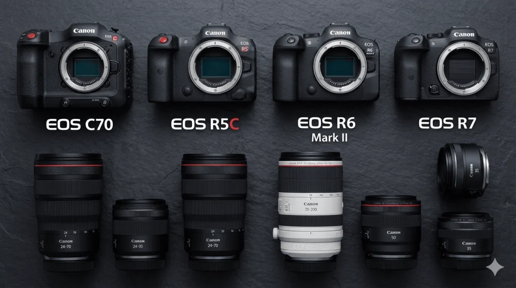 Comparativa técnica de las cuatro mejores cámaras Canon de vídeo calidad-precio en 2026: C70, R5 C, R6 Mark II y R7