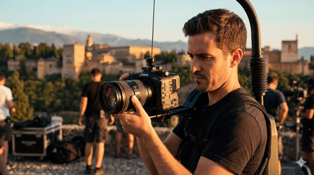 Camarógrafo profesional usando una cámara Canon con lentes de la serie L en una producción de documental