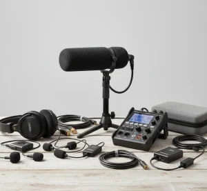 Equipo de microfonía profesional con pértigas y sistemas inalámbricos para grabación de documentales