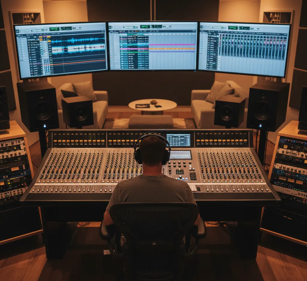 Sala de postproducción de audio con mezclador trabajando en diseño sonoro de documental cultural