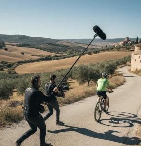 Producción de documental Un País en Bicicleta con sonidista capturando audio en ruta ciclista