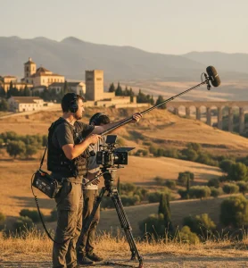 Sonidista profesional grabando audio en exteriores para documental histórico con equipo de TVBGN Productions