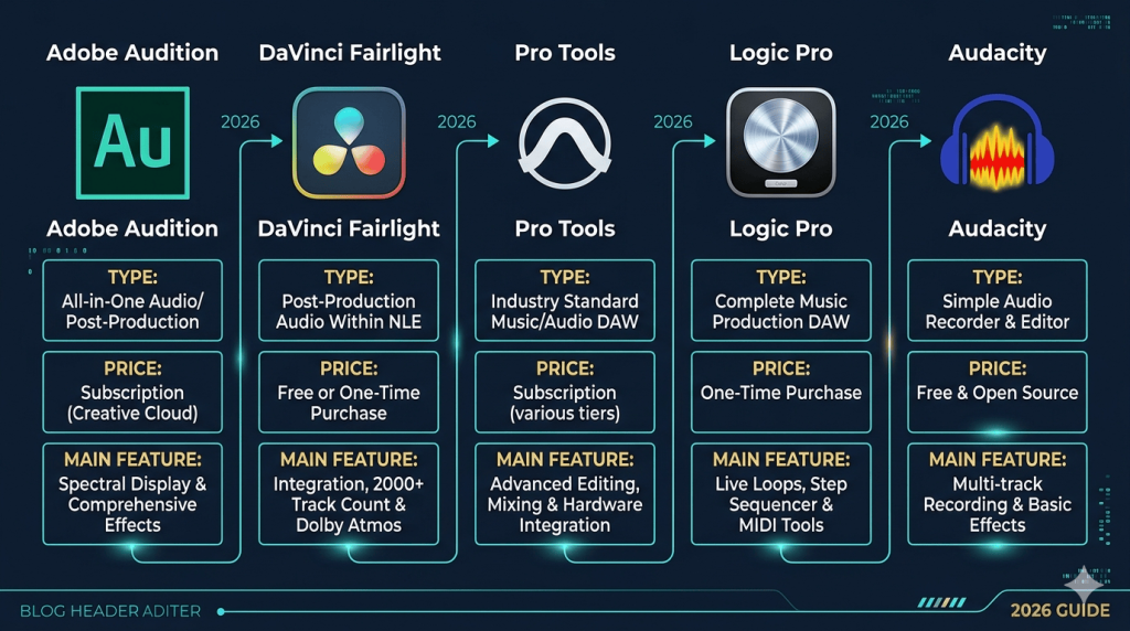 Infografía comparativa de Adobe Audition, DaVinci Fairlight, Pro Tools, Logic Pro y Audacity con precio y características