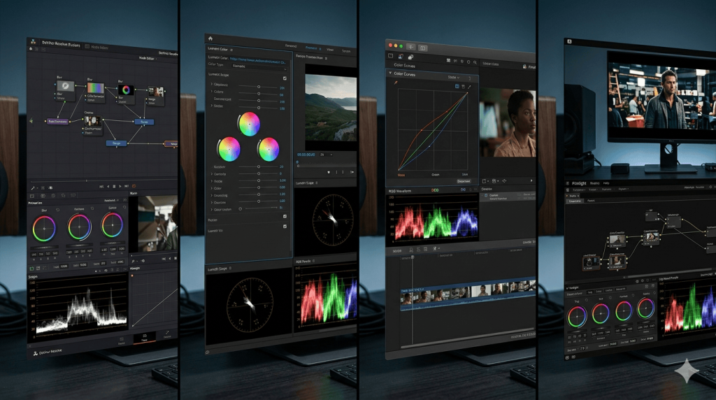Pantallas con interfaces de DaVinci Resolve, Adobe Premiere Pro Lumetri Color y Final Cut Pro mostrando nodos de corrección de color, curvas y ruedas de color
