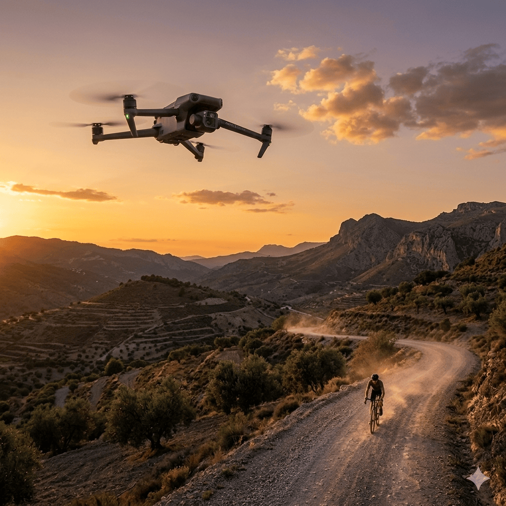 Dron DJI profesional grabando un documental de ciclismo sobre paisaje montañoso español al atardecer