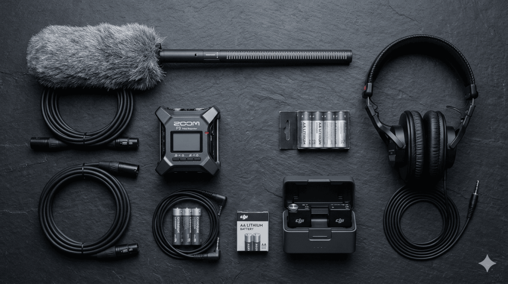 Flatlay con grabadora de campo Zoom F3, micrófono shotgun con deadcat, auriculares Sony MDR-7506, cables XLR, sistema inalámbrico lavalier y pilas de litio sobre superficie oscura