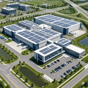 Vista aérea profesional con dron de instalaciones industriales modernas para vídeo corporativo empresarial