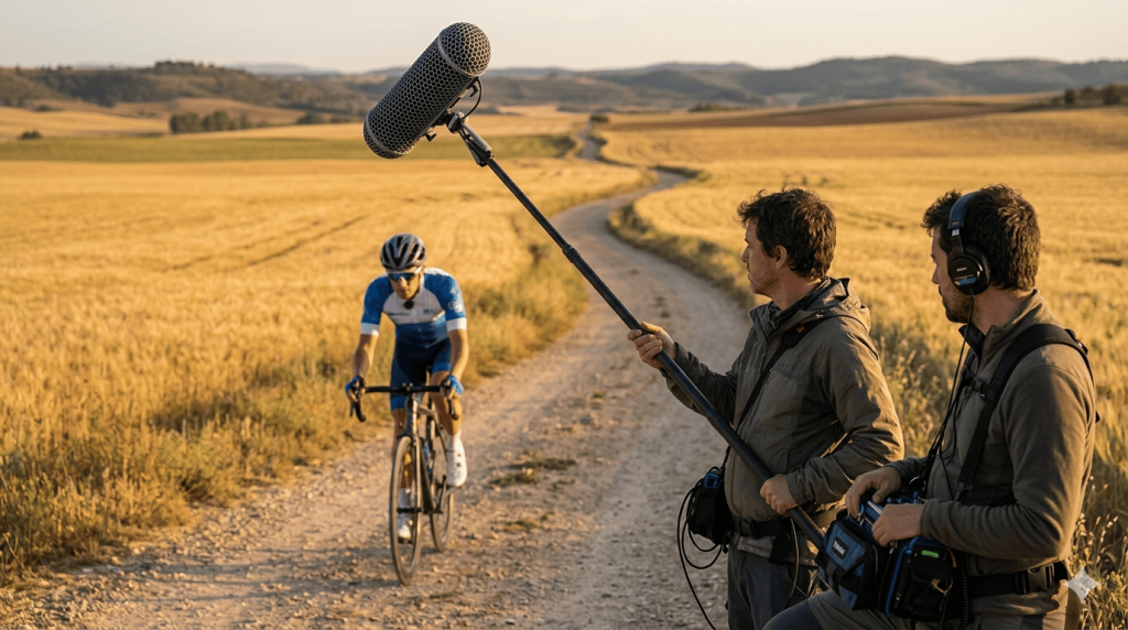 Ciclista con micrófono lavalier oculto bajo el maillot deportivo mientras técnico de sonido graba con micrófono de cañón en zeppelin durante rodaje de documental en exteriores