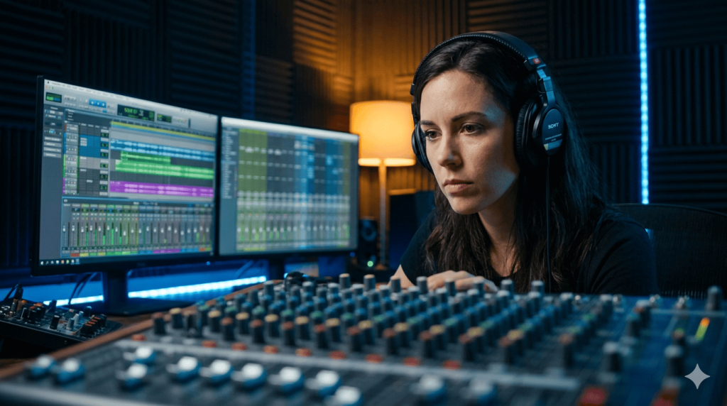 Técnico de audio con auriculares Sony MDR-7506 mezclando pistas en un DAW en estudio profesional