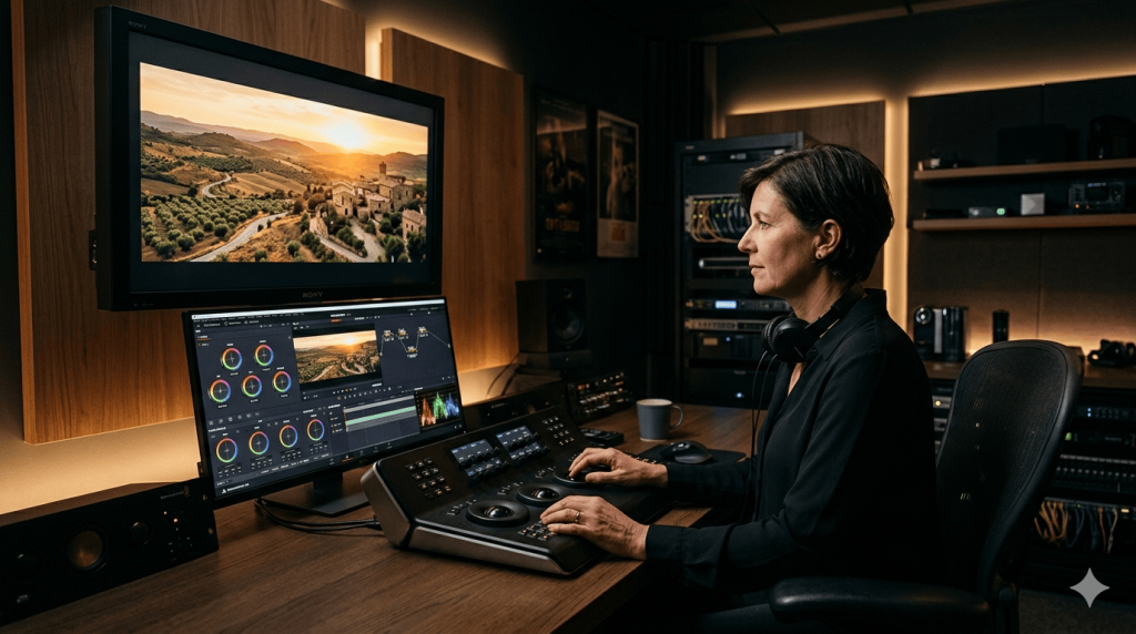 Colorista profesional trabajando en DaVinci Resolve con monitor de referencia calibrado y ruedas de color en estudio de postproducción cinematográfica