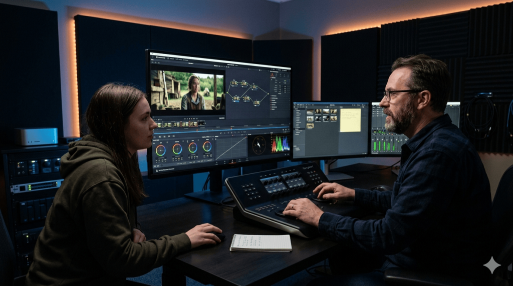 TVBGN productions - Guía Completa 2026: Dónde Estudiar FP Audiovisual en Valencia Estudiante en prácticas FCT trabajando en una sala de postproducción profesional con DaVinci Resolve junto a un técnico de color experimentado