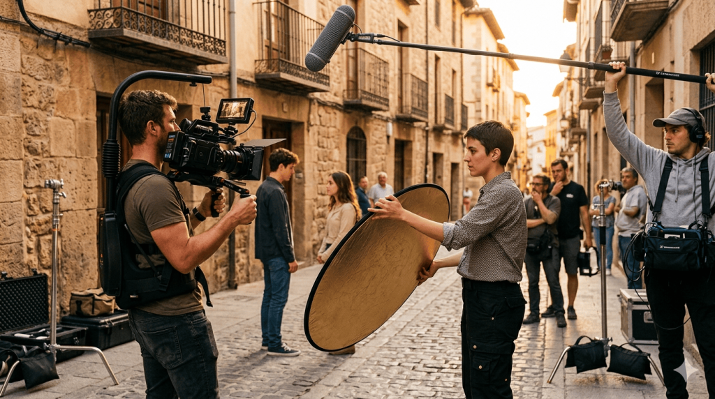 TVBGN productions - Guía Completa 2026: Dónde Estudiar FP Audiovisual en Valencia Técnicos de producción audiovisual trabajando en un rodaje exterior con cámara de cine digital, pértiga de sonido y reflector de luz natural