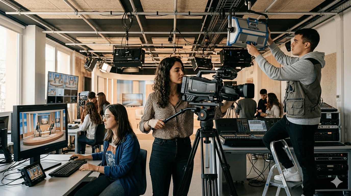 Alumnos de Formación Profesional en Imagen y Sonido practicando con cámara de televisión y equipos de iluminación en un plató educativo en Valencia