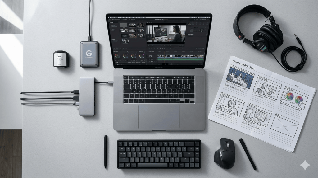 TVBGN productions - Las Mejores Páginas y Recursos para Edición Profesional en 2026: El Arsenal del Editor Editor de vídeo profesional trabajando en una sala de postproducción con múltiples monitores mostrando un timeline y corrección de color