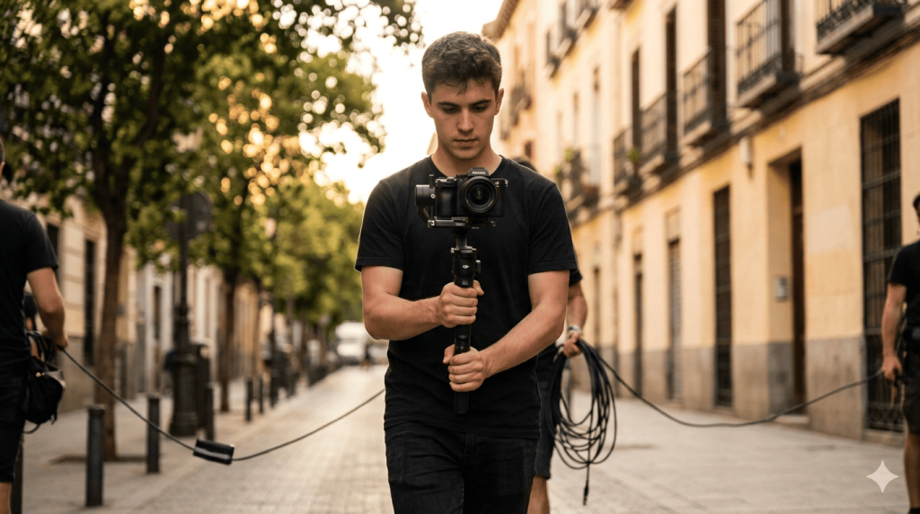 Operador de cámara usando un gimbal DJI RS 3 Mini para conseguir planos en movimiento fluidos durante el rodaje de un cortometraje independiente