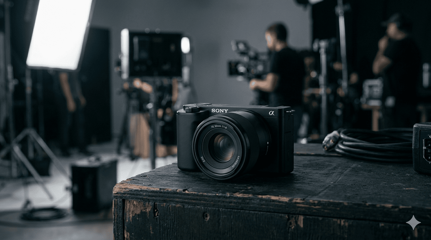 Cámara Sony ZV-E10 II sobre una mesa de set de rodaje con objetivo 50mm montado, lista para grabar un cortometraje