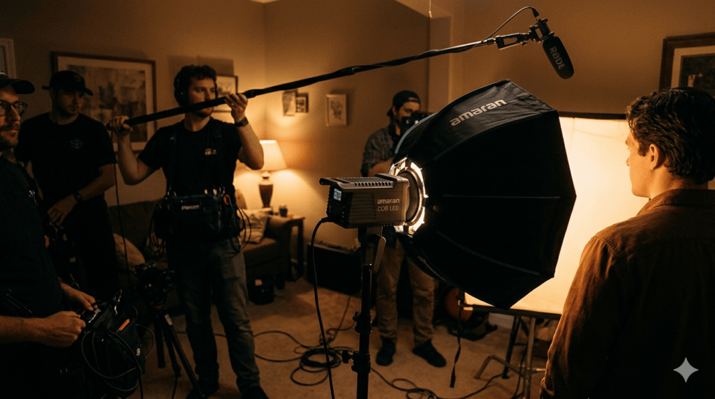 Set de rodaje con foco LED COB Amaran 60d con softbox y micrófono de cañón Rode VideoMic en pértiga, equipo de sonido e iluminación para cortometraje