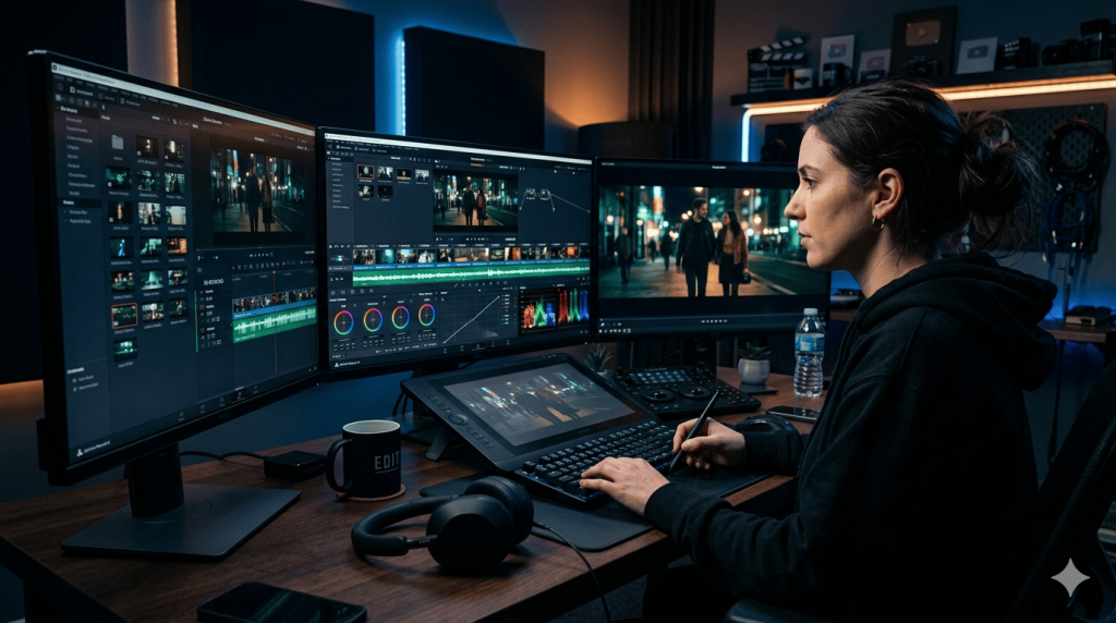 TVBGN productions - Las Mejores Páginas y Recursos para Edición Profesional en 2026: El Arsenal del Editor Escritorio de editor profesional con laptop mostrando software de edición de vídeo, disco SSD externo, auriculares de estudio y guion gráfico