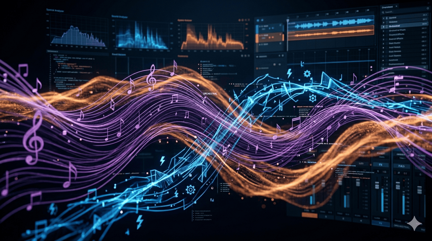 Representación visual de capas de música y efectos de sonido en un entorno de producción audiovisual digital