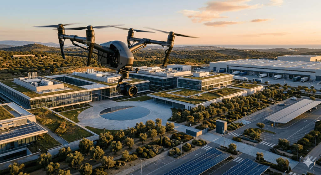 Grabación con dron para empresas. Un Dron cinematográfico de alta gama en vuelo sobre un gran complejo industrial durante un rodaje corporativo, capturando perspectivas aéreas inaccesibles para la cámara convencional