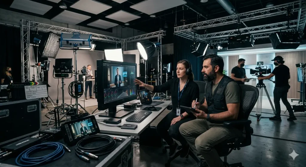 Director y operador de cámara revisando material rodado en una productora audiovisual profesional