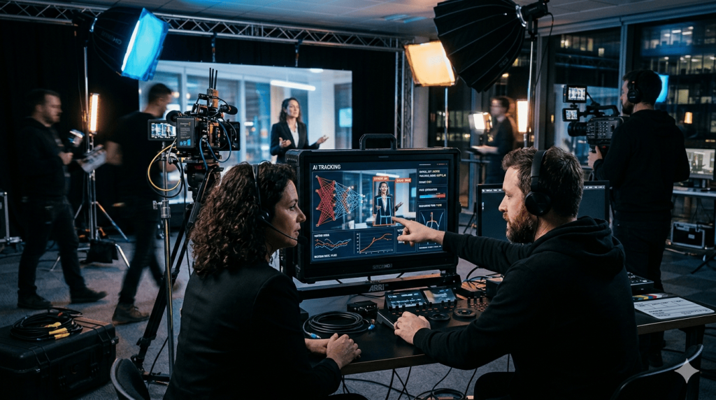 Director de fotografía supervisando un monitor con interfaz de IA aplicada al rodaje de un vídeo corporativo en set profesional