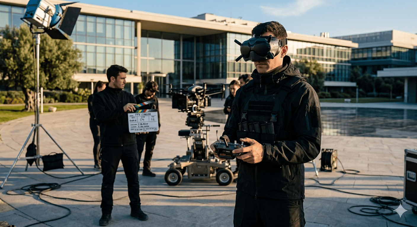 Piloto profesional de dron FPV con gafas de visión en tiempo real y mando de precisión durante un rodaje corporativo, representando la tecnología de cinematografía inmersiva de TVBGN Productions