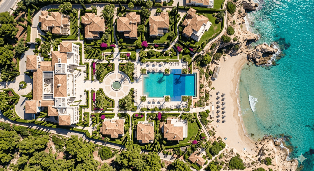 Grabación con dron profesional para empresasd e hotelería. Vista cenital aérea captada con dron sobre un resort hotelero de lujo en la costa mediterránea española, mostrando arquitectura, piscina infinita y entorno natural desde perspectiva aérea