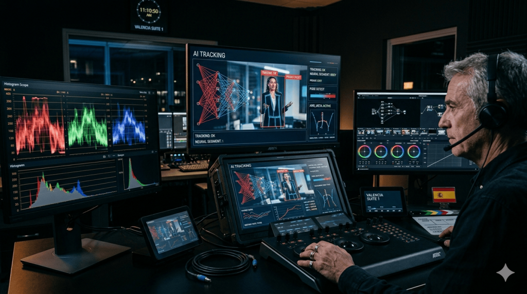 Colorista trabajando en software de postproducción con asistencia de redes neuronales para etalonaje de vídeo corporativo
