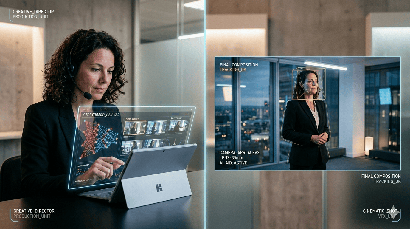 Storyboard generado con inteligencia artificial mostrando composiciones cinematográficas para un vídeo corporativo de empresa