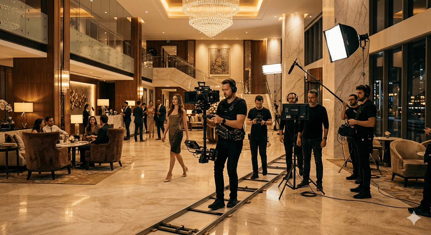 Equipo de producción audiovisual grabando un vídeo corporativo en el lobby de un hotel de lujo para video marketing hotelero
