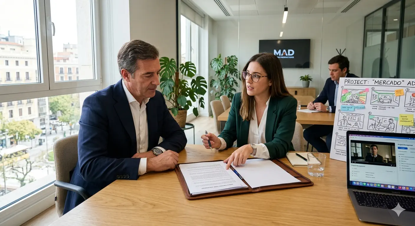 Empresario revisando contrato con productora audiovisual antes de iniciar producción de vídeo corporativo