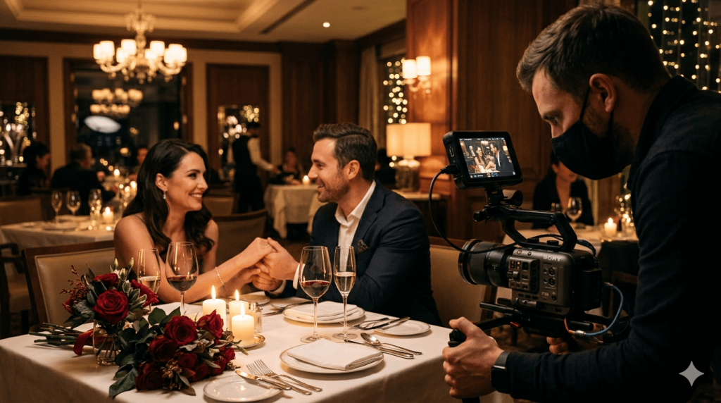 Camarógrafo profesional capturando una escena de pareja en cena romántica en restaurante de hotel para campaña de video marketing