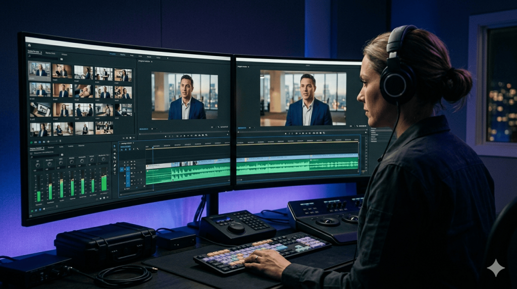 Pantalla de postproducción mostrando el montaje final de un vídeo testimonial B2B de alto impacto realizado por TVBGN Productions para cliente corporativo