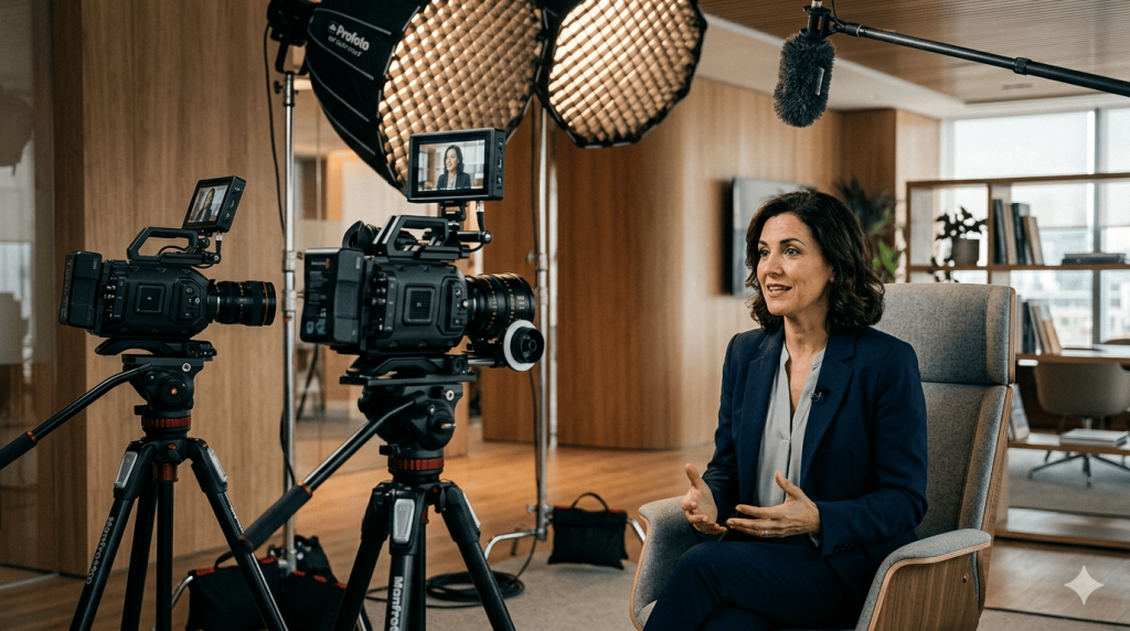 Director de arte de TVBGN Productions supervisando la grabación de un vídeo testimonial corporativo con iluminación cinematográfica de tres puntos