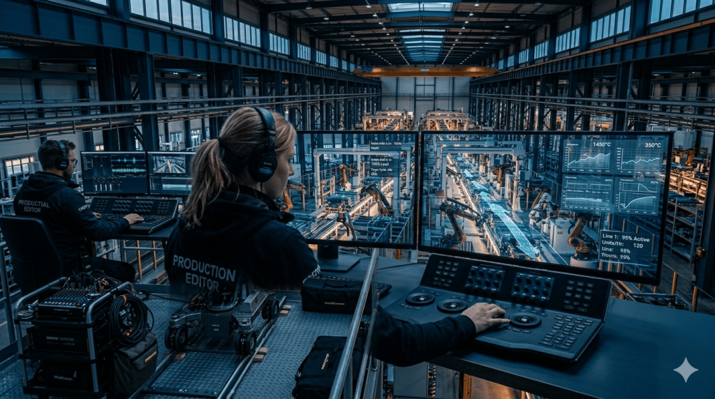 TVBGN productions - Vídeo corporativo para sector industrial: comunicación estratégica para la ingeniería y la manufactura masiva Editor de vídeo integrando motion graphics y datos técnicos SCADA en producción audiovisual industria
