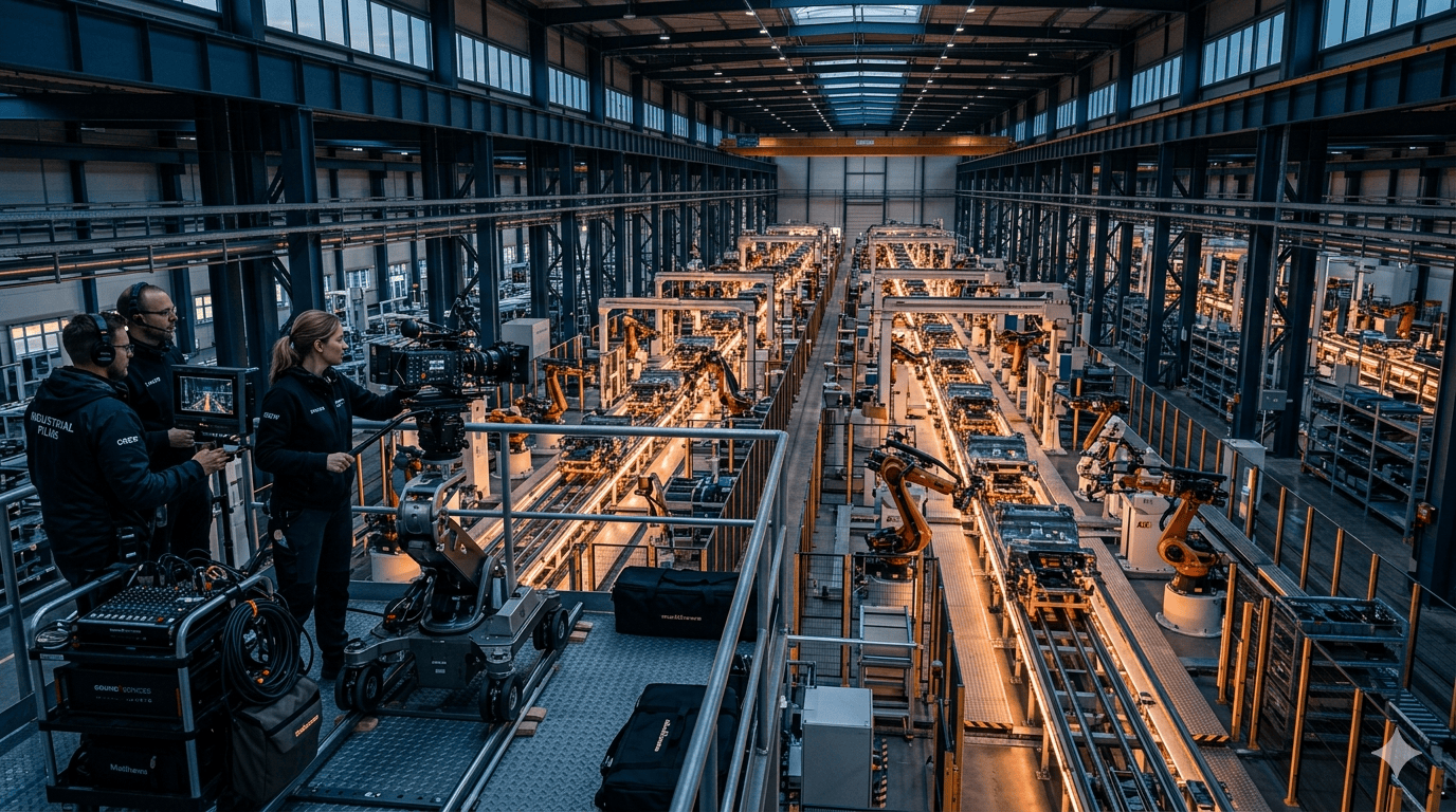Rodaje de vídeo corporativo en nave industrial con drone FPV y líneas de producción automatizadas