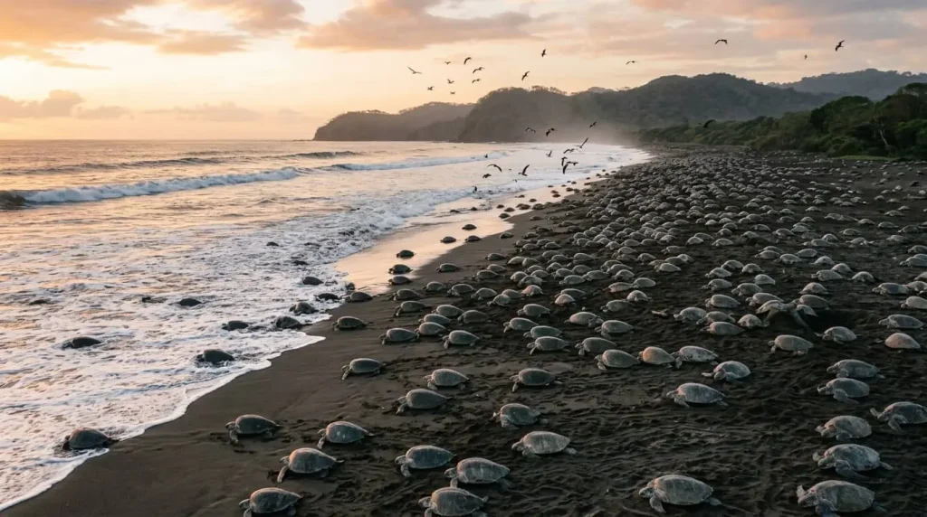 Cientos de tortugas lora anidando a la vez durante una arribada en la playa de Ostional en el Pacífico de Costa Rica