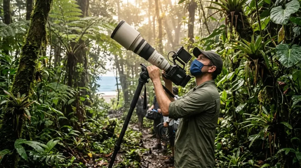 Operador de cámara grabando fauna con superteleobjetivo y monopié en un sendero del Parque Nacional Manuel Antonio