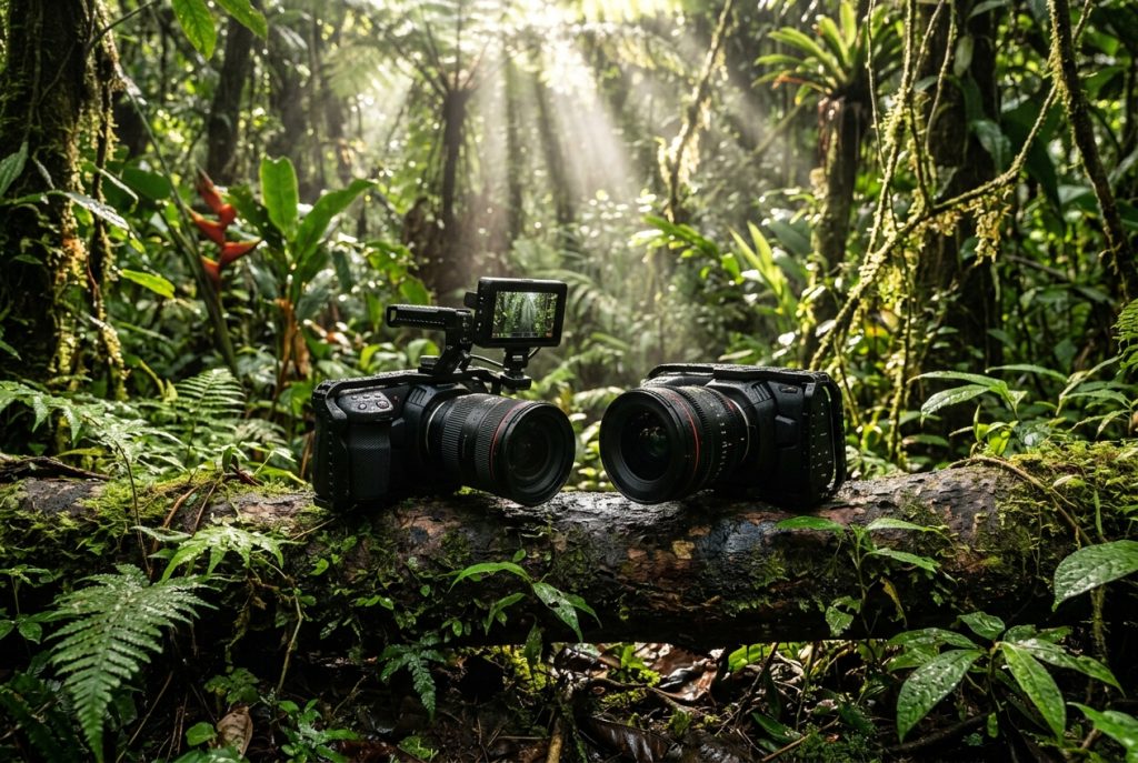 TVBGN productions - El equipo técnico de 'The Turtle Code': grabando la fauna de Costa Rica con Canon C70, C80 y superteleobjetivos Dos cámaras de cine compactas sobre un tronco en la selva tropical de Costa Rica con haces de luz entre el dosel arbóreo