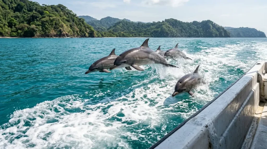 Grupo de delfines nadando junto a la proa de una lancha en las aguas del Parque Nacional Marino Ballena, en el Pacífico sur de Costa Rica