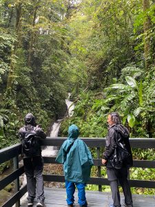 Equipo para documental de naturaleza con cámara de cine y superteleobjetivo grabando en Costa Rica al atardecer