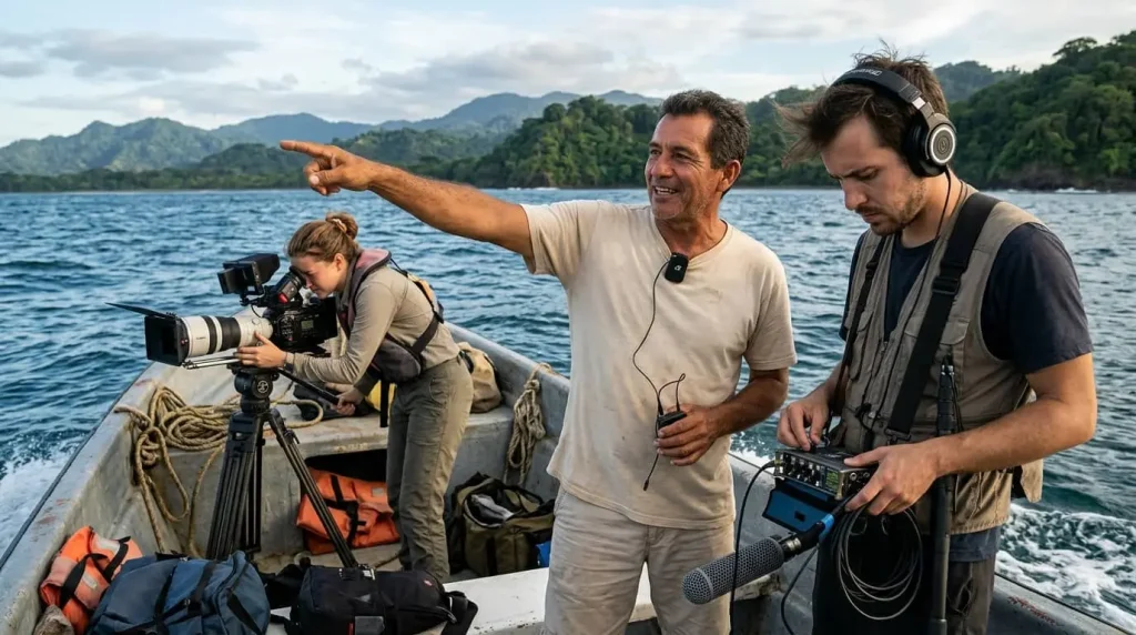 Guía local con micrófono inalámbrico y técnico de sonido con auriculares a bordo de una lancha durante el rodaje del documental The Turtle Code en Costa Rica