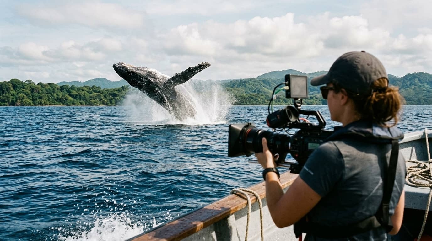 Operador de cámara con superteleobjetivo grabando el salto de una ballena jorobada desde una lancha en el Parque Nacional Marino Ballena, Costa Rica