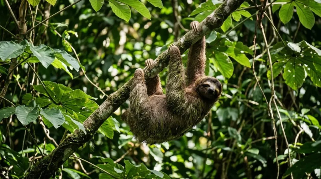 Perezoso de tres dedos colgado en el dosel de la selva de Manuel Antonio, Costa Rica, grabado con teleobjetivo