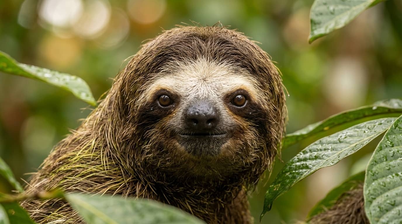 Primer plano del rostro de un perezoso de tres dedos con bokeh cremoso, grabado con teleobjetivo en Costa Rica